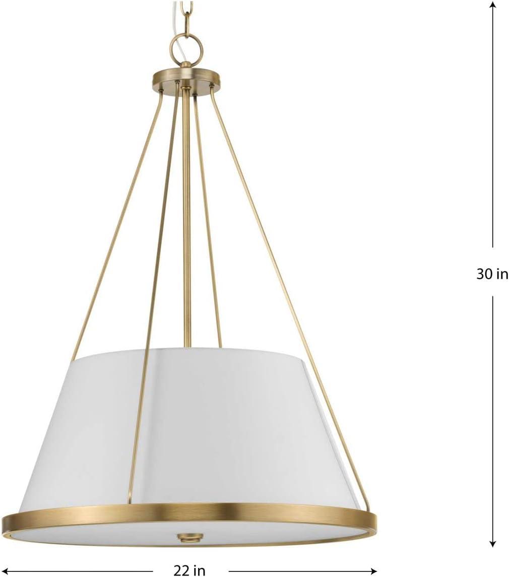 Progress Lighting Saffert 3-Light Pendant, Vintage Brass, White Linen Shade