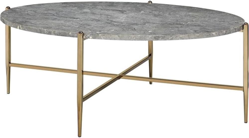 ACME Tainte Oval Faux Marble Top Coffee Table in Gray and Champagne