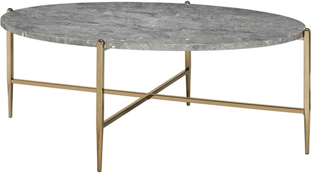 Gray Faux Marble and Gold Oval Coffee Table