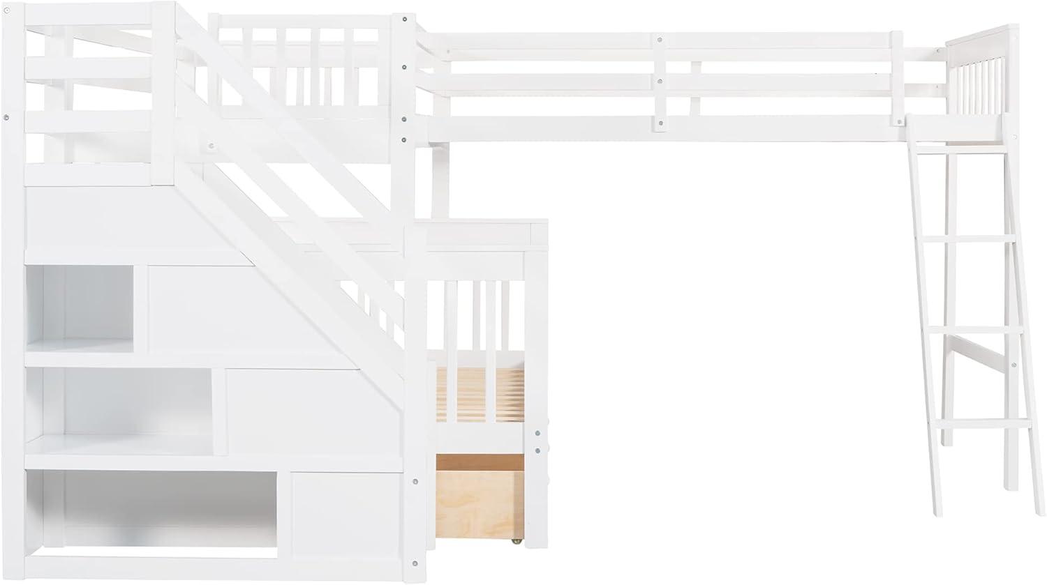 L Shaped Bunk Bed for 3, Triple Bunk Bed with 3 Drawers and Storage Stairs, Twin Over Full Bunk Bed & Twin Size Loft Bed, Wood Corner Beds for Kids, Teens, Adults. No Box Spring Needed(White)