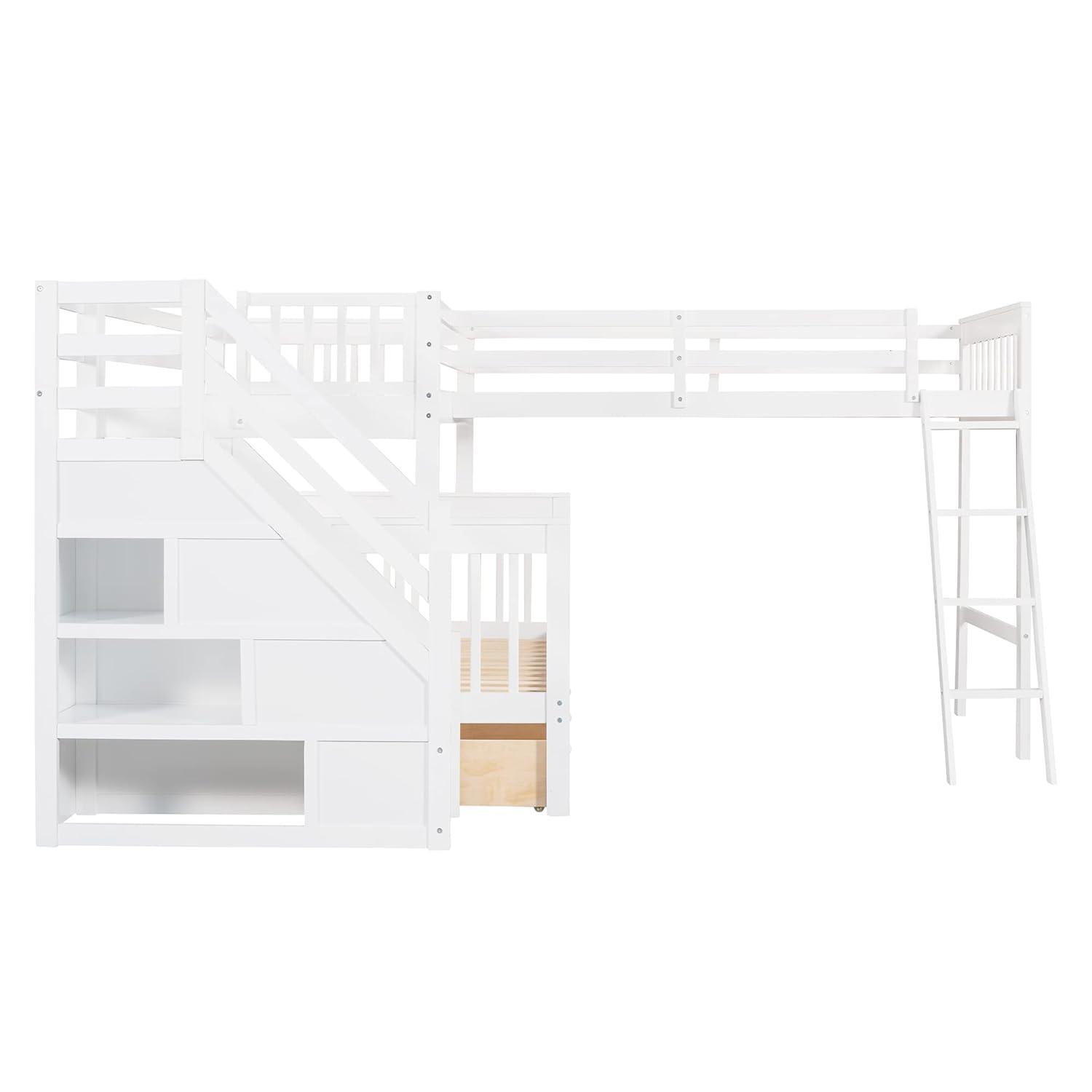L Shaped Bunk Bed for 3, Triple Bunk Bed with 3 Drawers and Storage Stairs, Twin Over Full Bunk Bed & Twin Size Loft Bed, Wood Corner Beds for Kids, Teens, Adults. No Box Spring Needed(White)