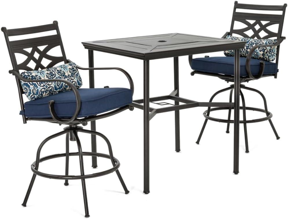 Hanover Montclair 3-Piece All-Weather Outdoor Patio Bistro Dining Set, 2 Swivel Rocker Chairs with Comfortable Seat and Lumbar Cushions, 27" Square Stamped Rectangle Table, MCLRDN3PCSW2-NVY