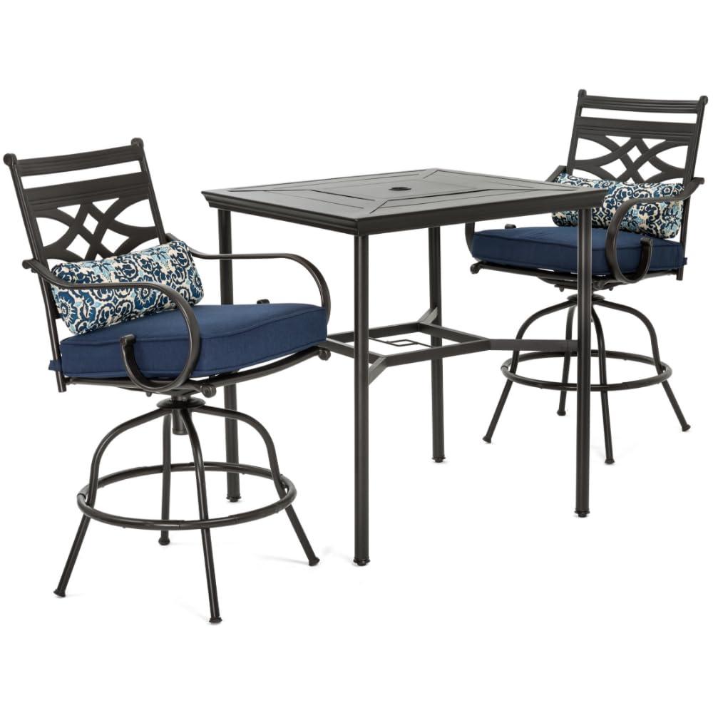 Hanover Montclair 3-Piece All-Weather Outdoor Patio Bistro Dining Set, 2 Swivel Rocker Chairs with Comfortable Seat and Lumbar Cushions, 27" Square Stamped Rectangle Table, MCLRDN3PCSW2-NVY