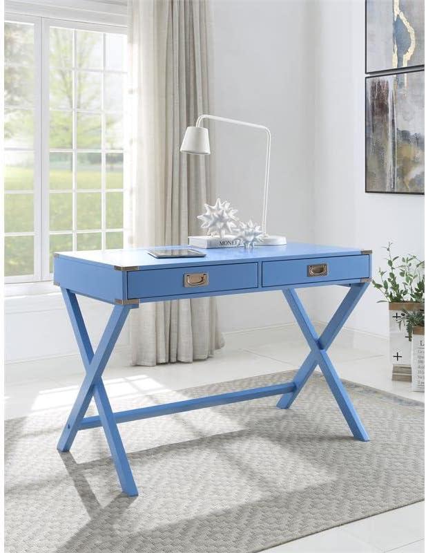 ACME Amenia Wooden Rectangular 2-Drawer Writing Desk with X-Shaped Base in Blue