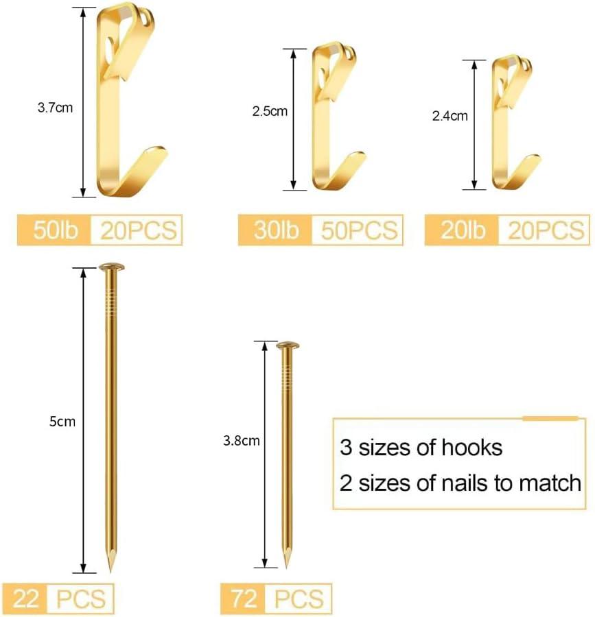Picture Hanging Kit 184Pcs – Picture Hangers & Wall Hooks for Hanging – 20lb, 30lb, 50lb Wall Hangers with Metal Hooks and Nails for Drywall, Wood Walls & More(Gold)