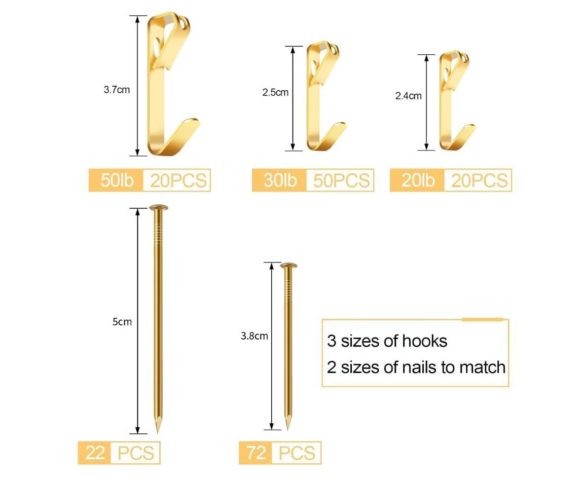 Picture Hanging Kit 184Pcs – Picture Hangers & Wall Hooks for Hanging – 20lb, 30lb, 50lb Wall Hangers with Metal Hooks and Nails for Drywall, Wood Walls & More(Gold)