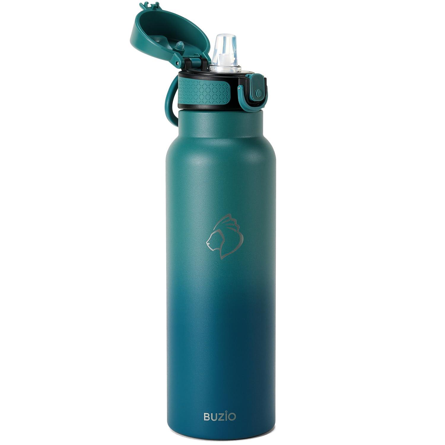 Buzio 32 oz Insulated with Straw & Brush Vaccum Stainless Steel Metal 3 Lids Water Flask for Sports, Gym or Office Keep Cold 48H Hot 24H，Pacific Prince