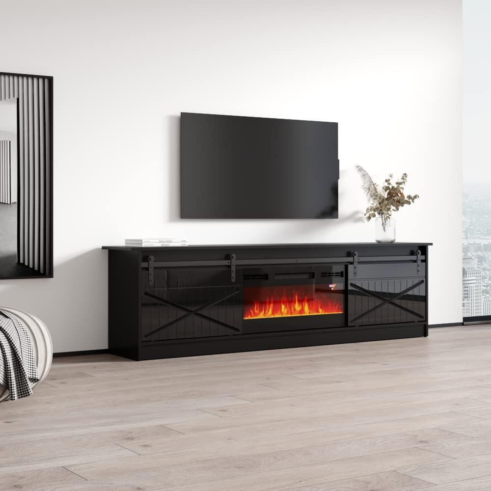 Granero BL-EF Fireplace TV Stand for TVs up to 90", Modern High Gloss 79" Entertainment Center, Electric Fireplace TV Media Console with Storage Cabinets