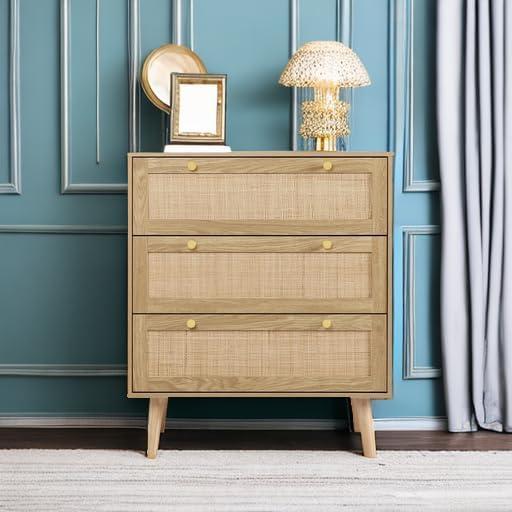 Bohemian Oak and Rattan 3-Drawer Dresser with Gold Handles