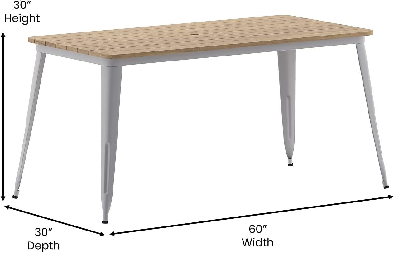 Flash Furniture Declan Commercial Indoor/Outdoor Dining Table with Umbrella Hole, 30" x 60" All Weather Brown Poly Resin Top and Silver Steel Base