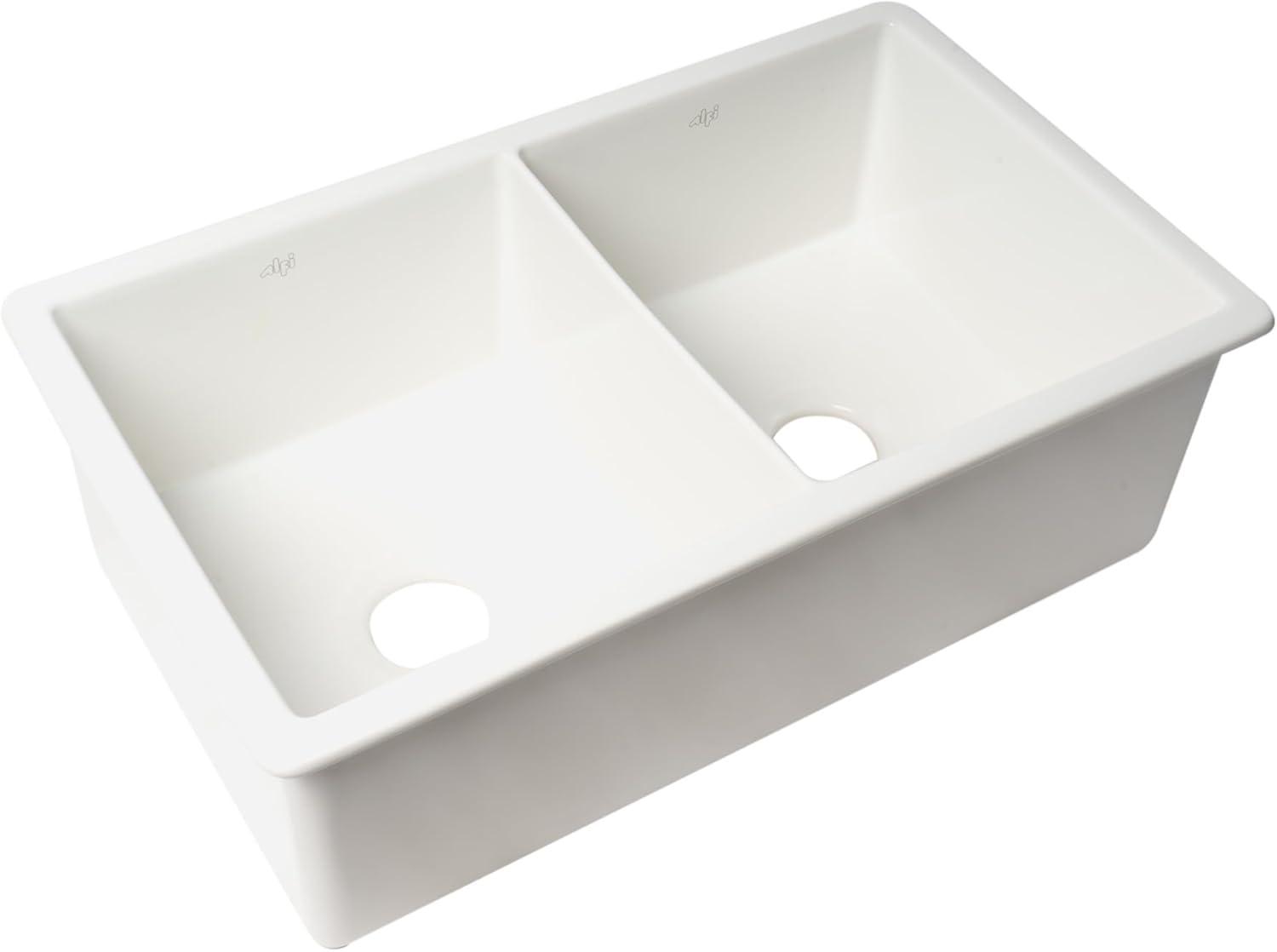 ABF3219DUD-W White 32" x 19" Double Bowl Fireclay Undermount / Drop In Kitchen Sink