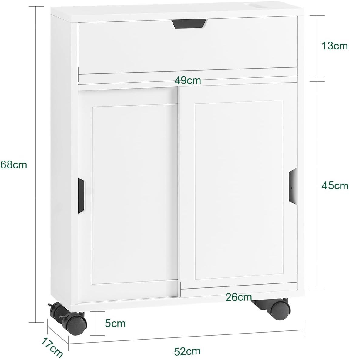 White MDF Bathroom Cabinet with Adjustable Shelving and Wheels