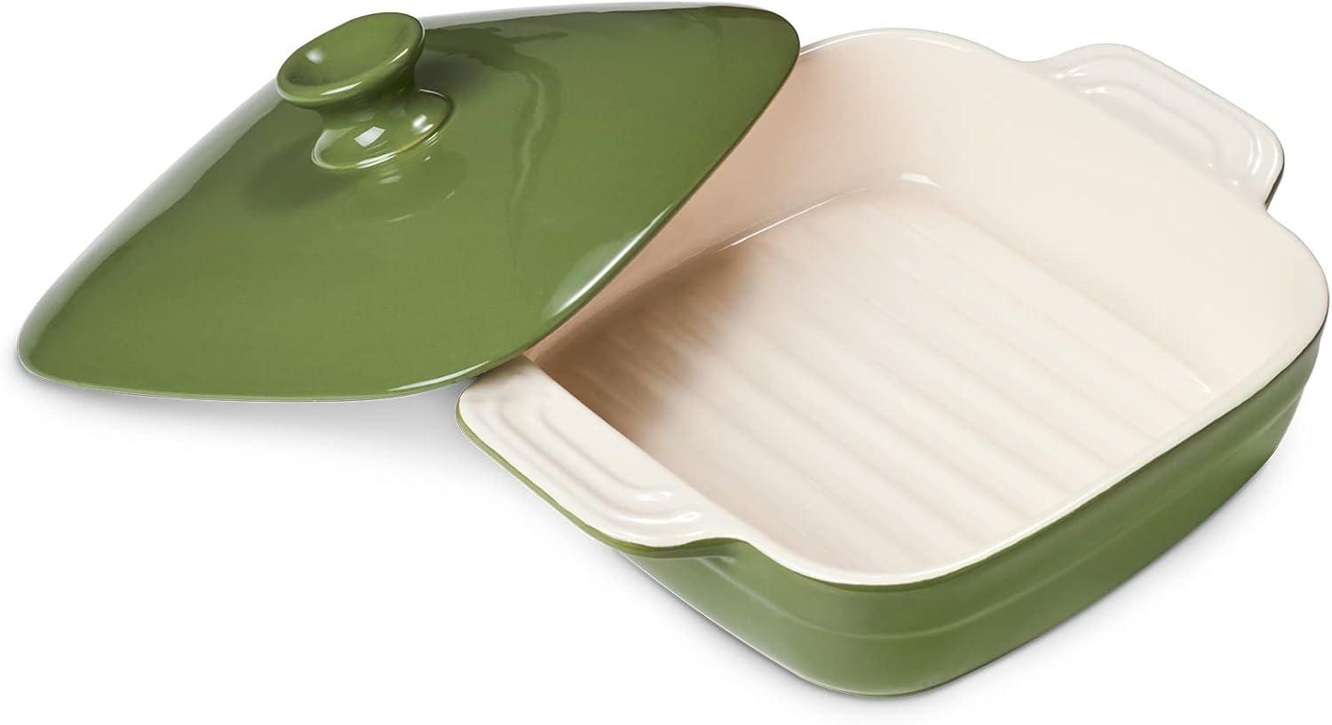 Green Ceramic 1.6 Quart Baking Dish with Lid and Handles