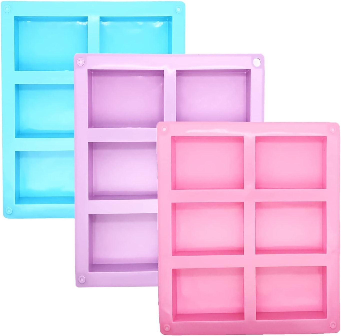 3 Pack Silicone Soap Molds, 6 Cavities Rectangle Silicone Soap Molds, Great for Homemade Craft Soap Mold, Chocolate Mold, Cake Mold ＆ Ice Cube Tray - Just Pop Out（Pink & Blue & Purple）