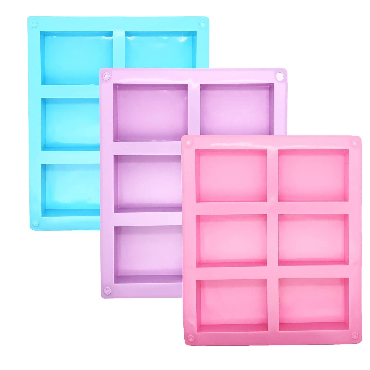3 Pack Silicone Soap Molds, 6 Cavities Rectangle Silicone Soap Molds, Great for Homemade Craft Soap Mold, Chocolate Mold, Cake Mold & Ice Cube Tray - Just Pop Out(Pink & Blue & Purple)