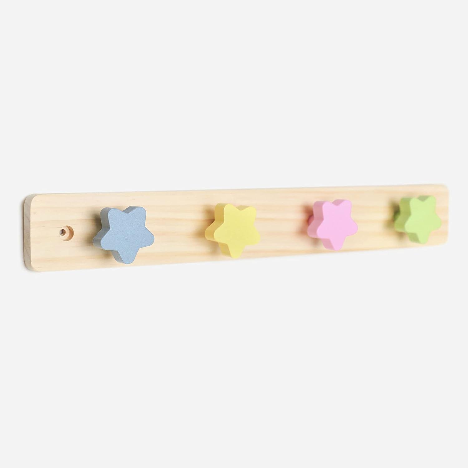 Natural Pine Star Shaped Kids Coat Rack with Colorful Hooks