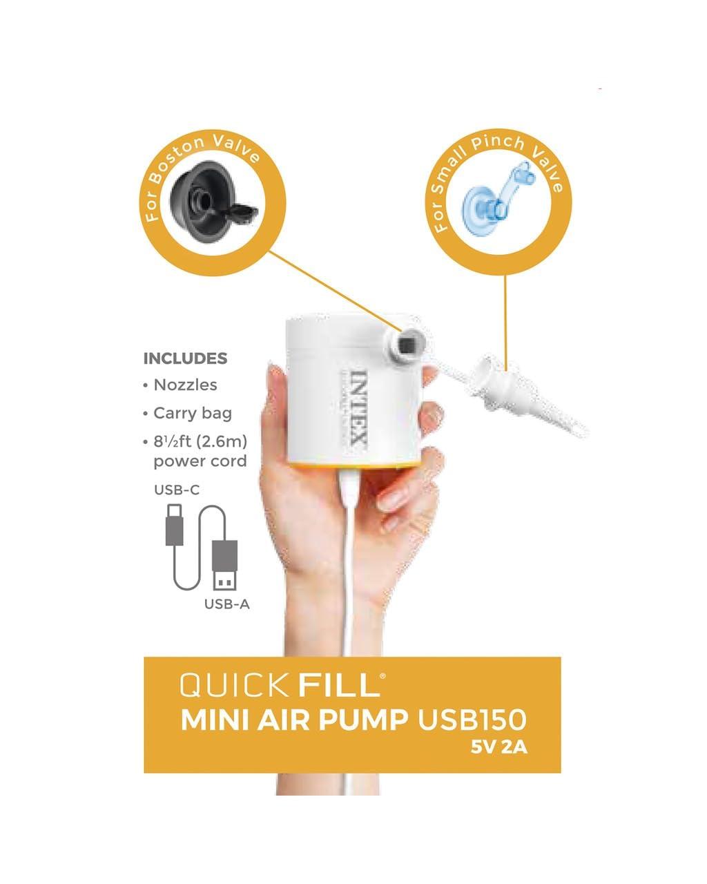 Intex: Quick-Fill Electric Air Pump - USB150 - Inflate Mattress-Floats, 2 Interconnecting Nozzles, 8.5' USB-C Power Cord, 150 L/Min, 0.43 psi, 66616E