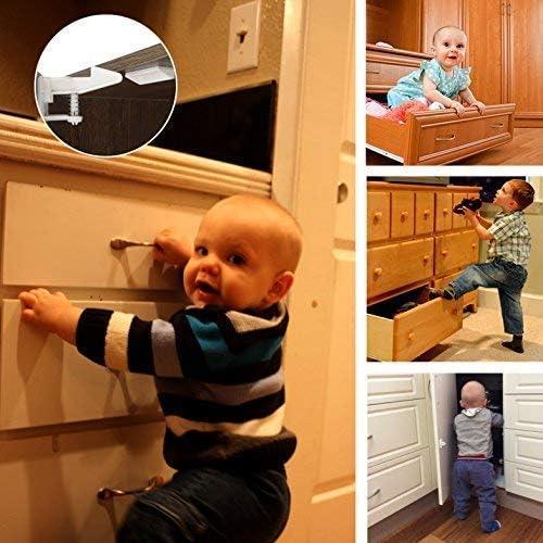 cabinet locks child safety latches - vmaisi 12 pack baby proofing cabinets drawer lock with adhesive easy installation - no drilling or extra screws (white)