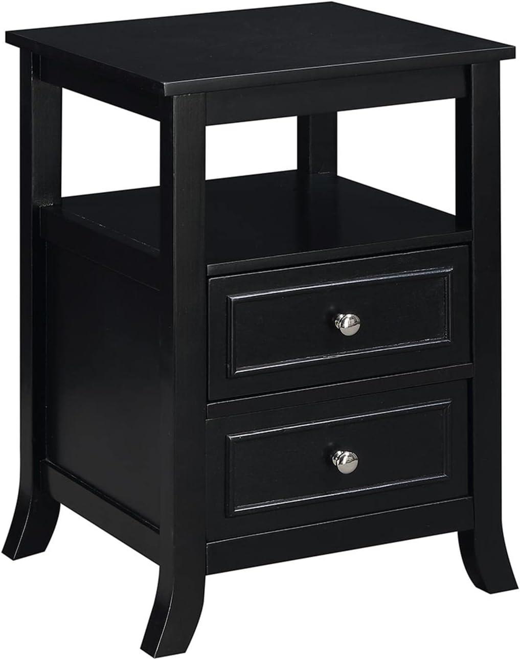 Black Wood End Table with Storage Drawers and Shelf