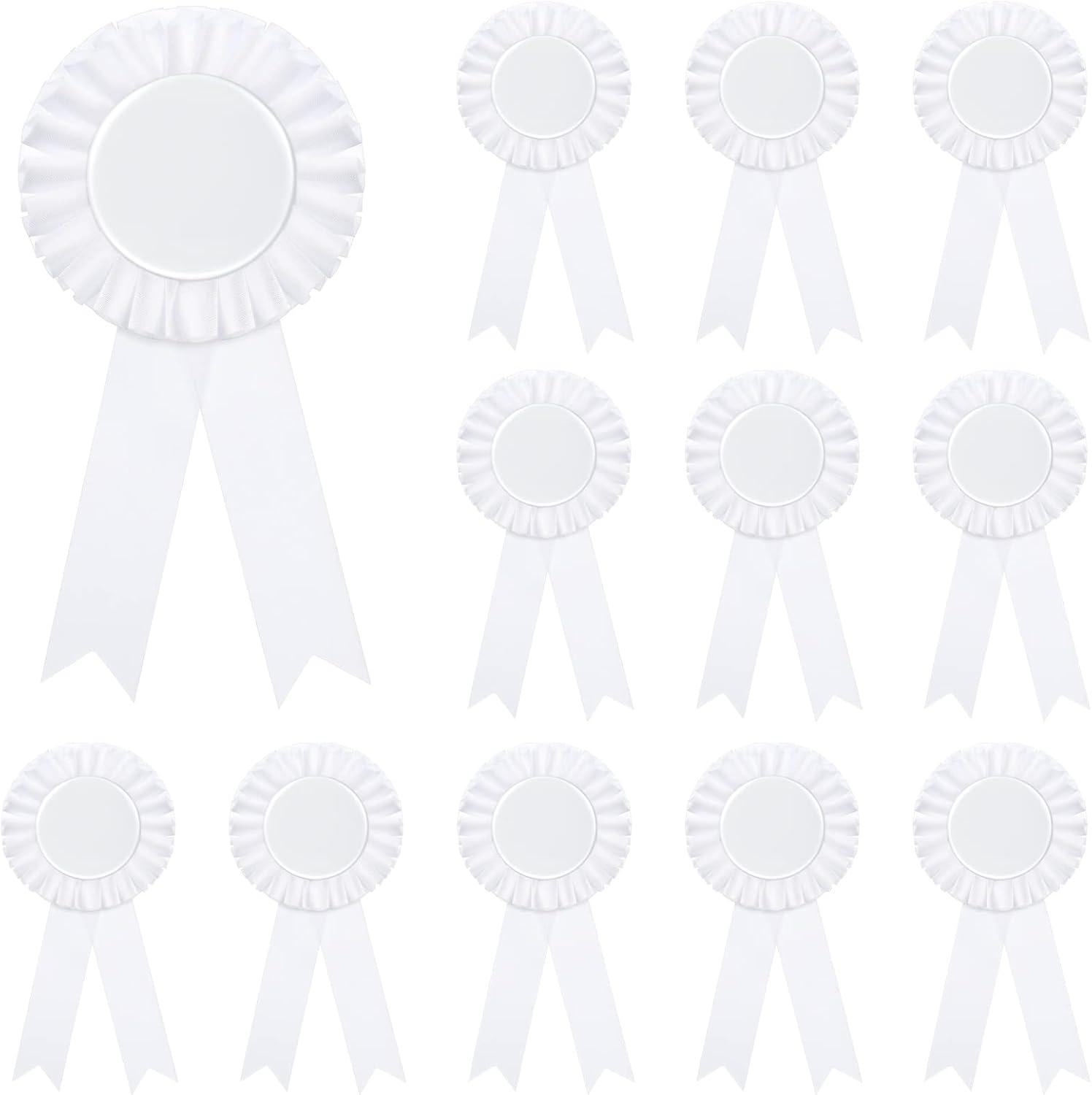 12Pcs White Brooch Winner Blank Award Ribbon Button Pin Victory Ribbons Rosette Ribbon Grand Prize for DIY Classroom Party Accessory Competition Sports Event School Contests Show
