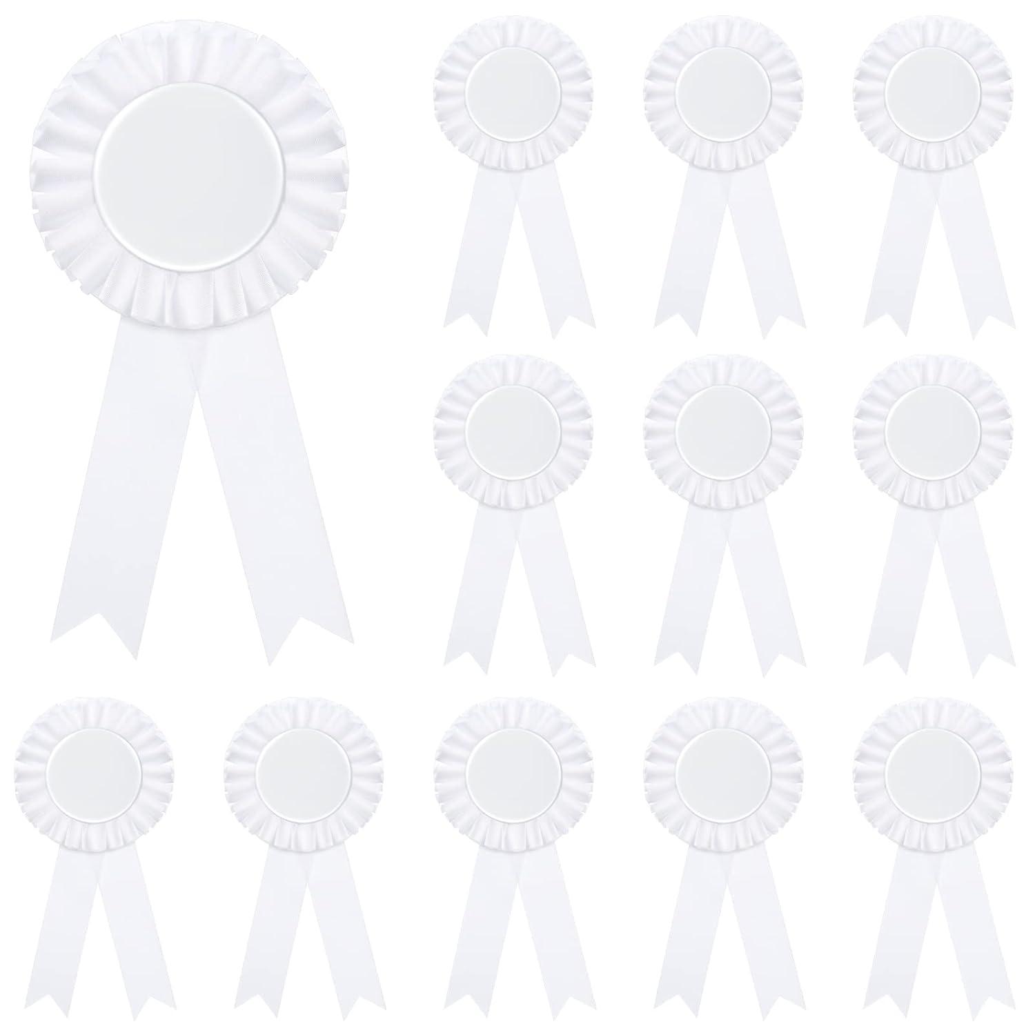12Pcs White Brooch Winner Blank Award Ribbon Button Pin Victory Ribbons Rosette Ribbon Grand Prize for DIY Classroom Party Accessory Competition Sports Event School Contests Show