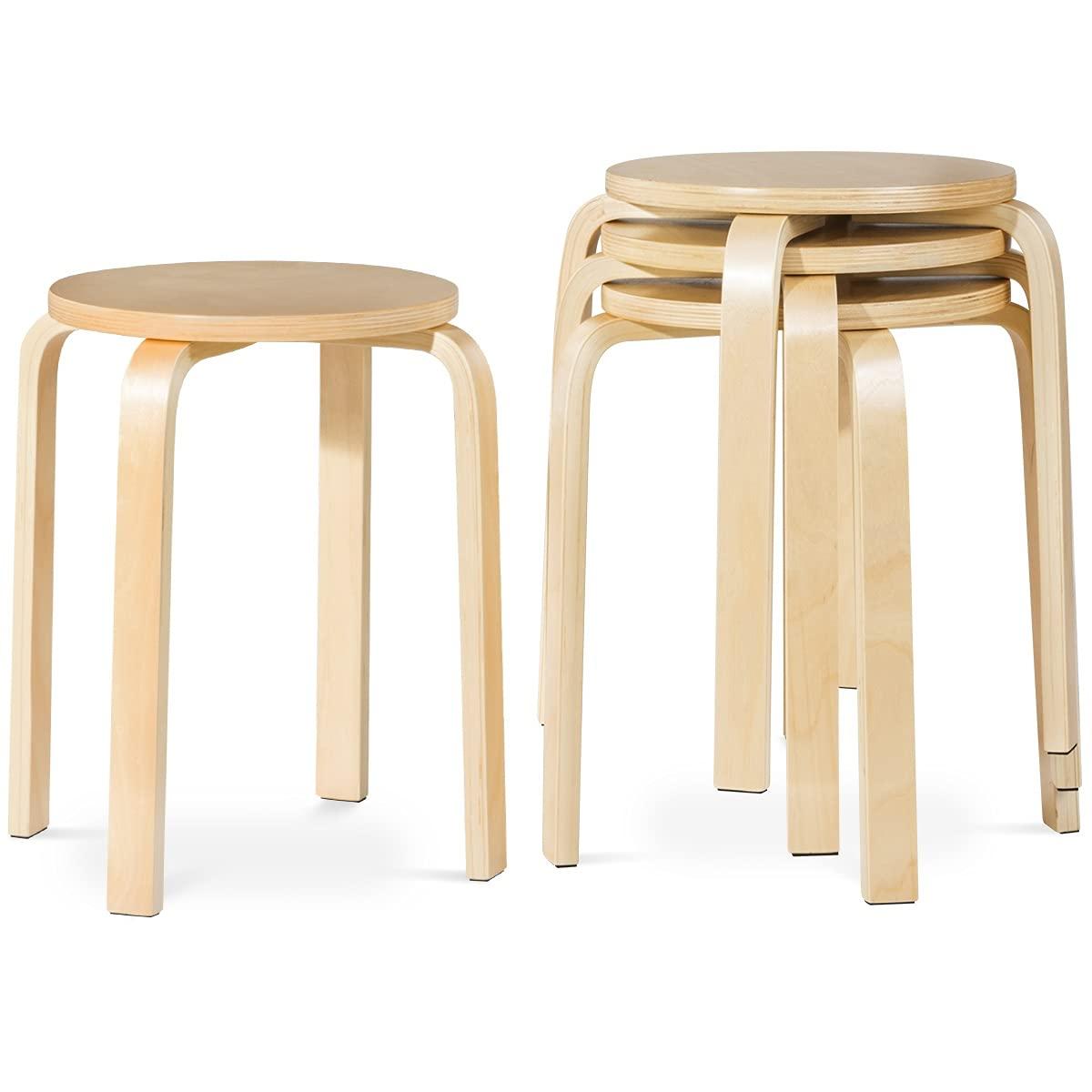 GVN Stackable Stools Set of 4 with Square Top and Rounded Corners-Natural, Dining Room Chairs, Lounge Chair for Kitchen, Dining, Bedroom, Living