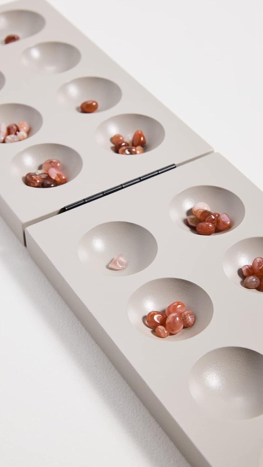 Compact Lacquered Wood Mancala with Gemstone Pieces