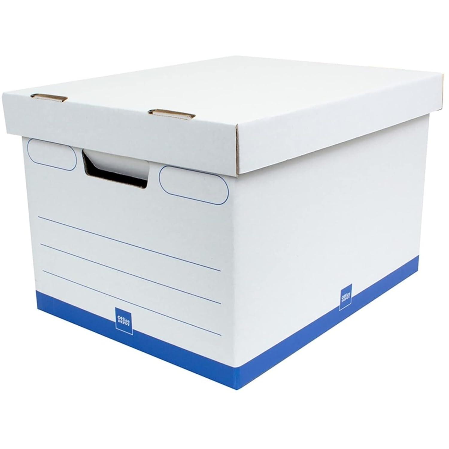 Office Depot® Brand Medium Quick Set Up Corrugated Medium-Duty Storage Boxes With Lift-Off Lids And Built-In Handles, Letter/Legal Size, 15" x 12" x 10", White/Blue, Pack Of 5