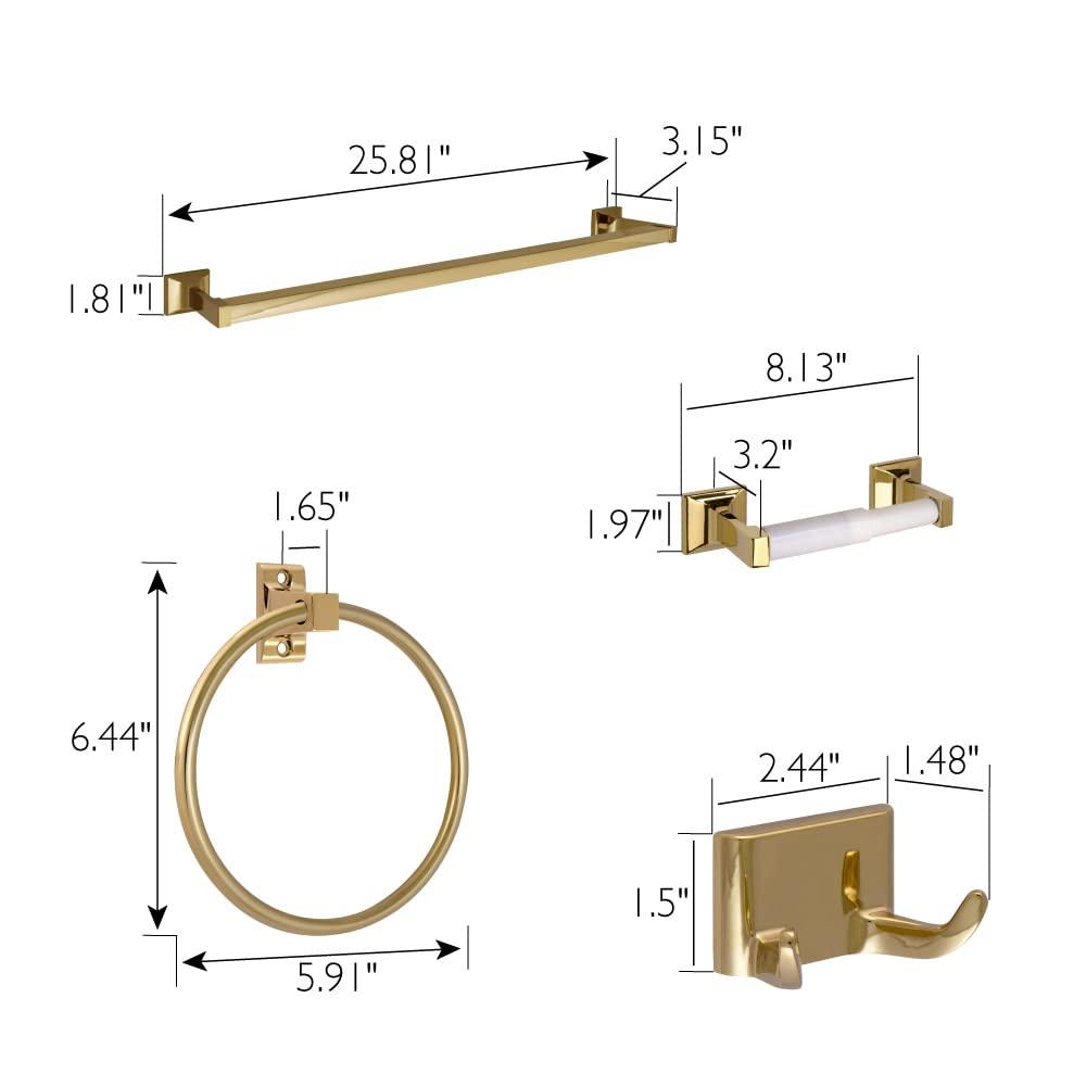 4pc Millbridge Bathroom Accessory Kit Polished Brass - Design House: Zinc Bath Hardware Set with Towel Bar & Ring