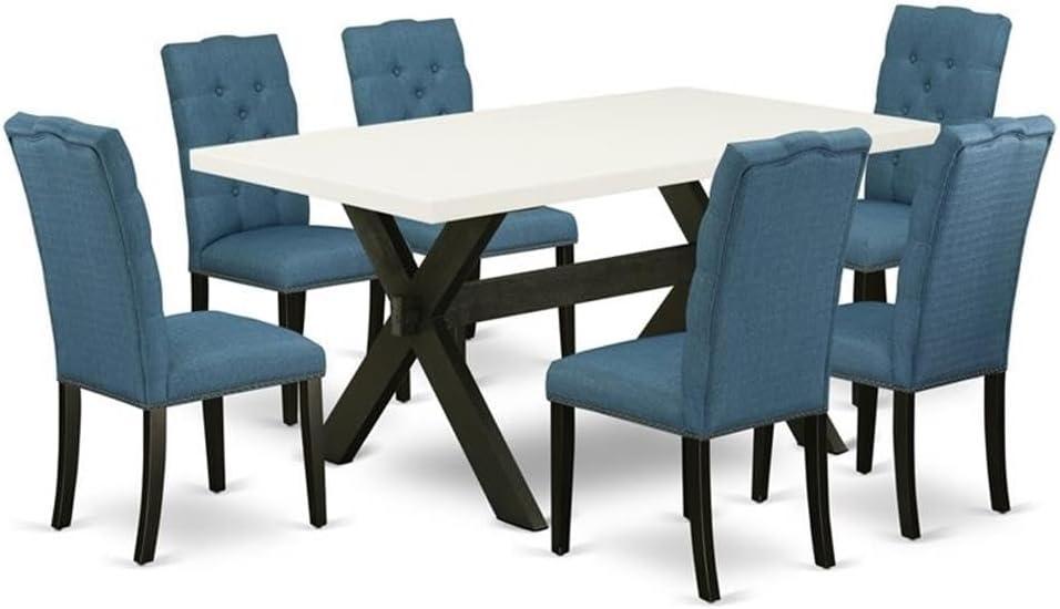 East West Furniture X-Style 7-piece Wood Dining Set in Black/Mineral Blue