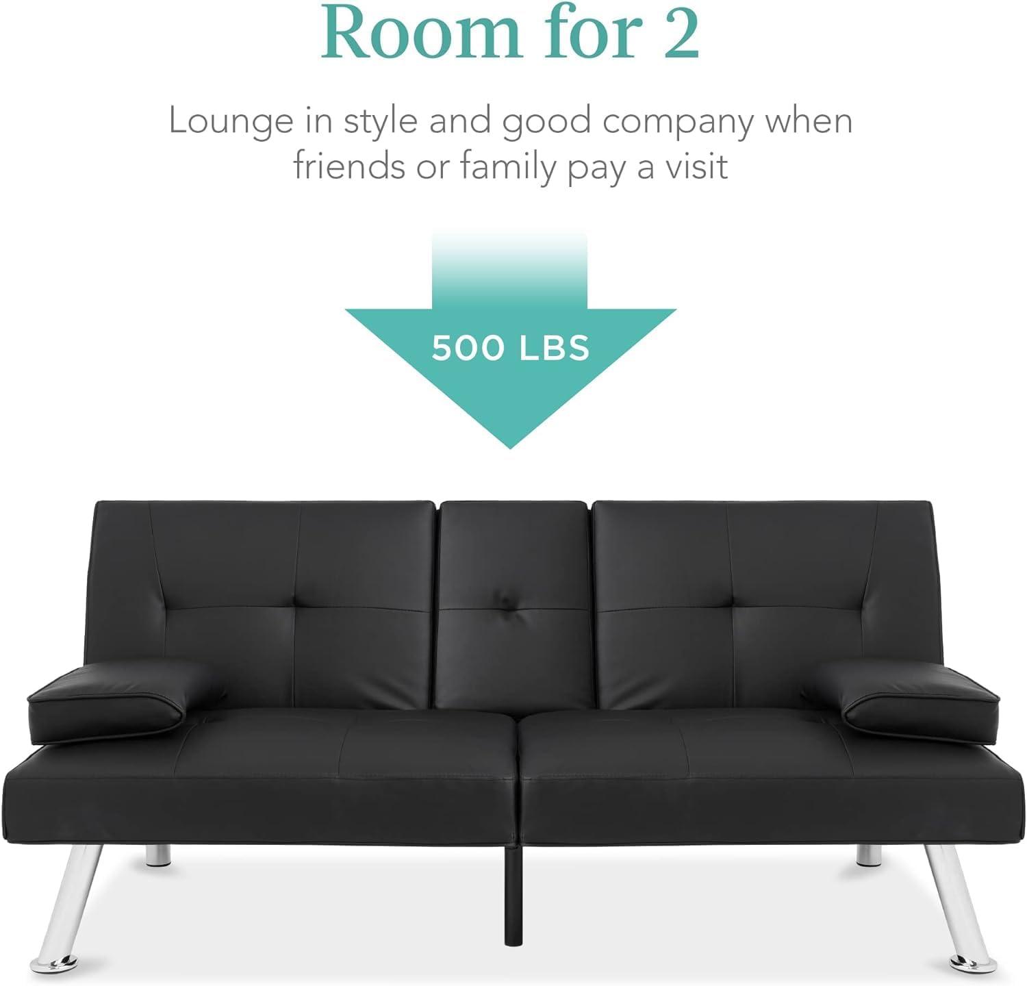 Hbaid Modern Faux Leather Couch Convertible Folding Futon Sofa Bed with 2 Cup Holders, Black