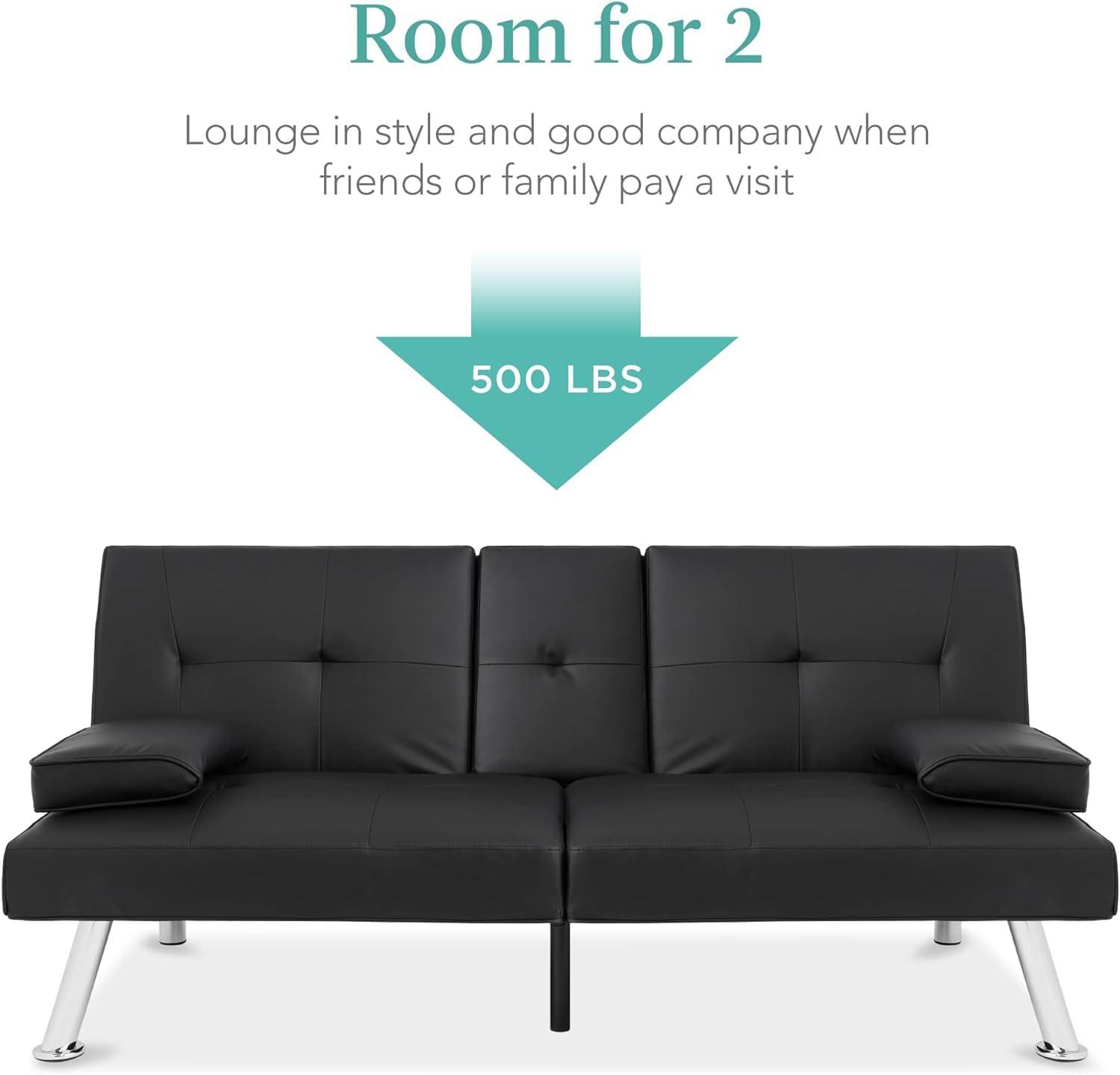Hbaid Modern Faux Leather Couch Convertible Folding Futon Sofa Bed with 2 Cup Holders, Black