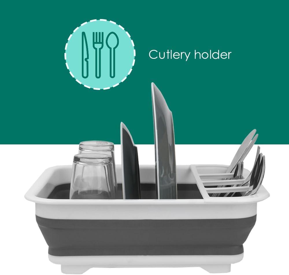 White and Gray Collapsible Silicone Dish Rack with Utensil Cup