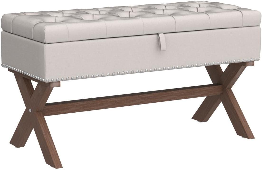 Beige Tufted Linen Storage Bench with X-Shaped Legs