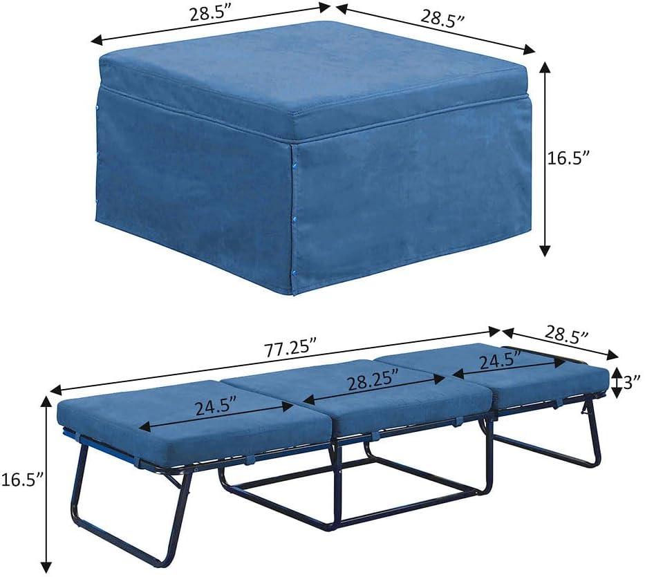 Soft Blue Fabric Convertible Ottoman Twin Bed with Metal Frame