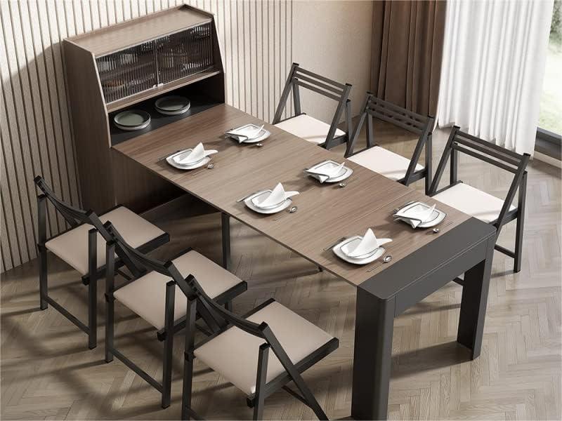 Modern Extendable Dining Table with Storage, Farmhouse Kitchen Table Rectangle Sideboard Glass Door (Walnut & Gray)