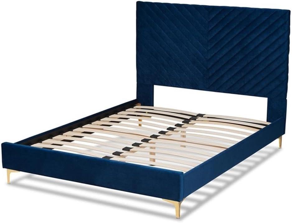 King Fabrico Velvet Fabric Upholstered and Metal Platform Bed Navy Blue/Gold - Baxton Studio