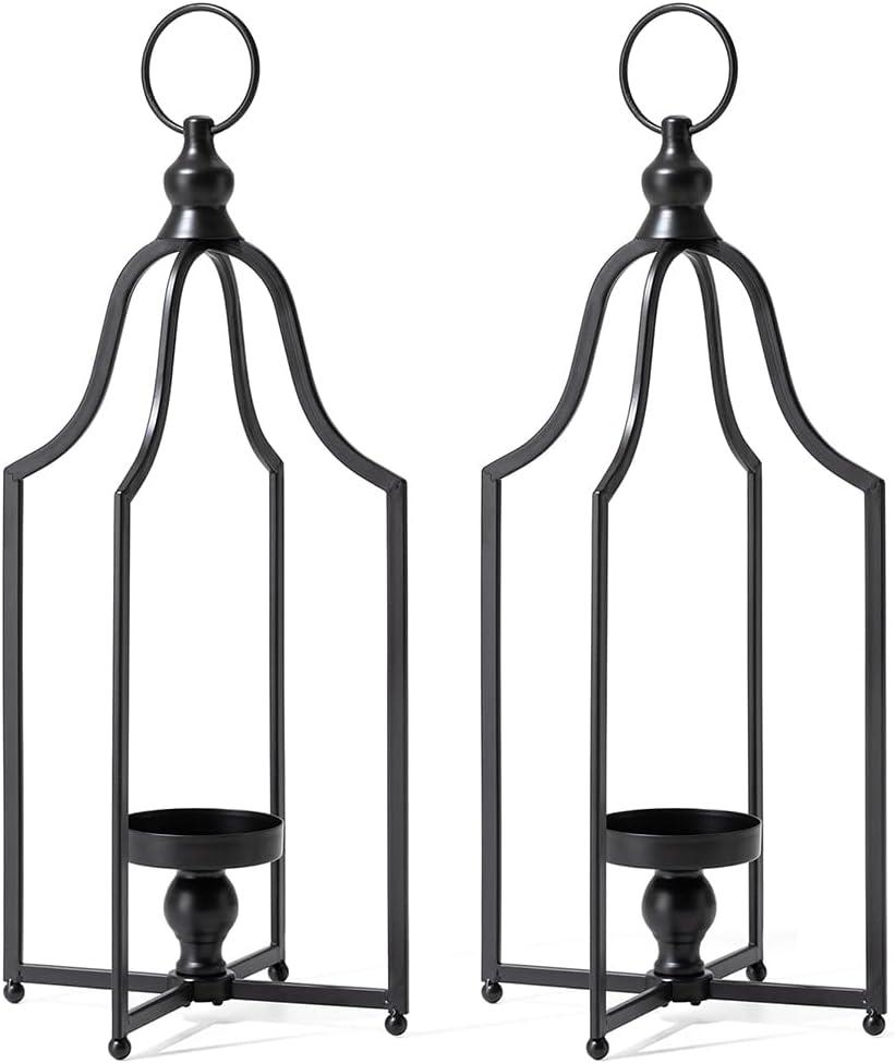 Glitzhome Modern Farmhouse Metal Lanterns Decorative Hanging Candle Lanterns Distressed Black Set of 2 (Small)