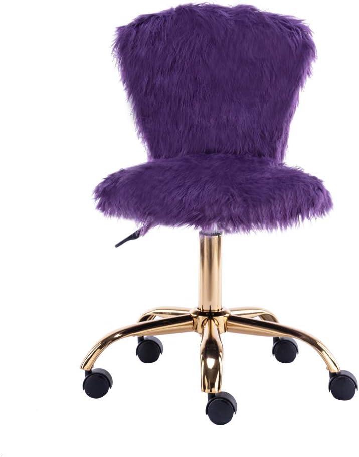 Purple Faux Fur Mid-Back Swivel Vanity Chair with Gold Legs