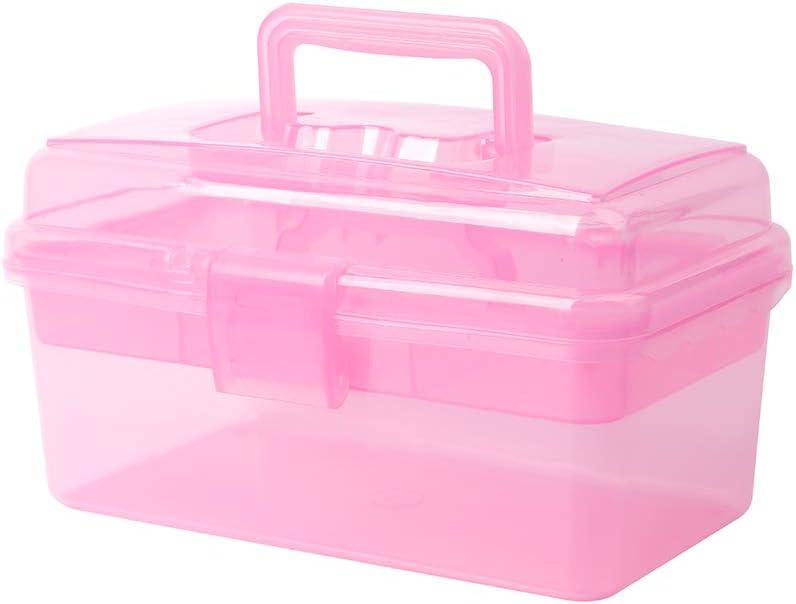 BangQiao Multipurpose Plastic Storage Container Organizer Box Case with Removable Tray and Handle for Art, Craft, Sewing Supplies, Clear&Pink