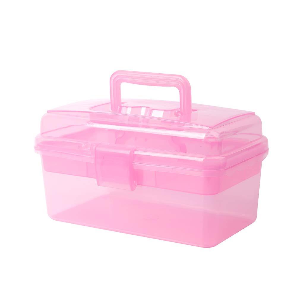 BangQiao Multipurpose Plastic Storage Container Organizer Box Case with Removable Tray and Handle for Art, Craft, Sewing Supplies, Clear&Pink