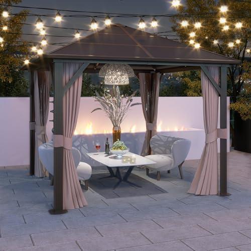 JolyDale 10 ft. x 10 ft. Patio Hardtop Gazebo, Outdoor Aluminum Frame Canopy with Netting and Curtain for Garden, Patio, Lawns, Brown