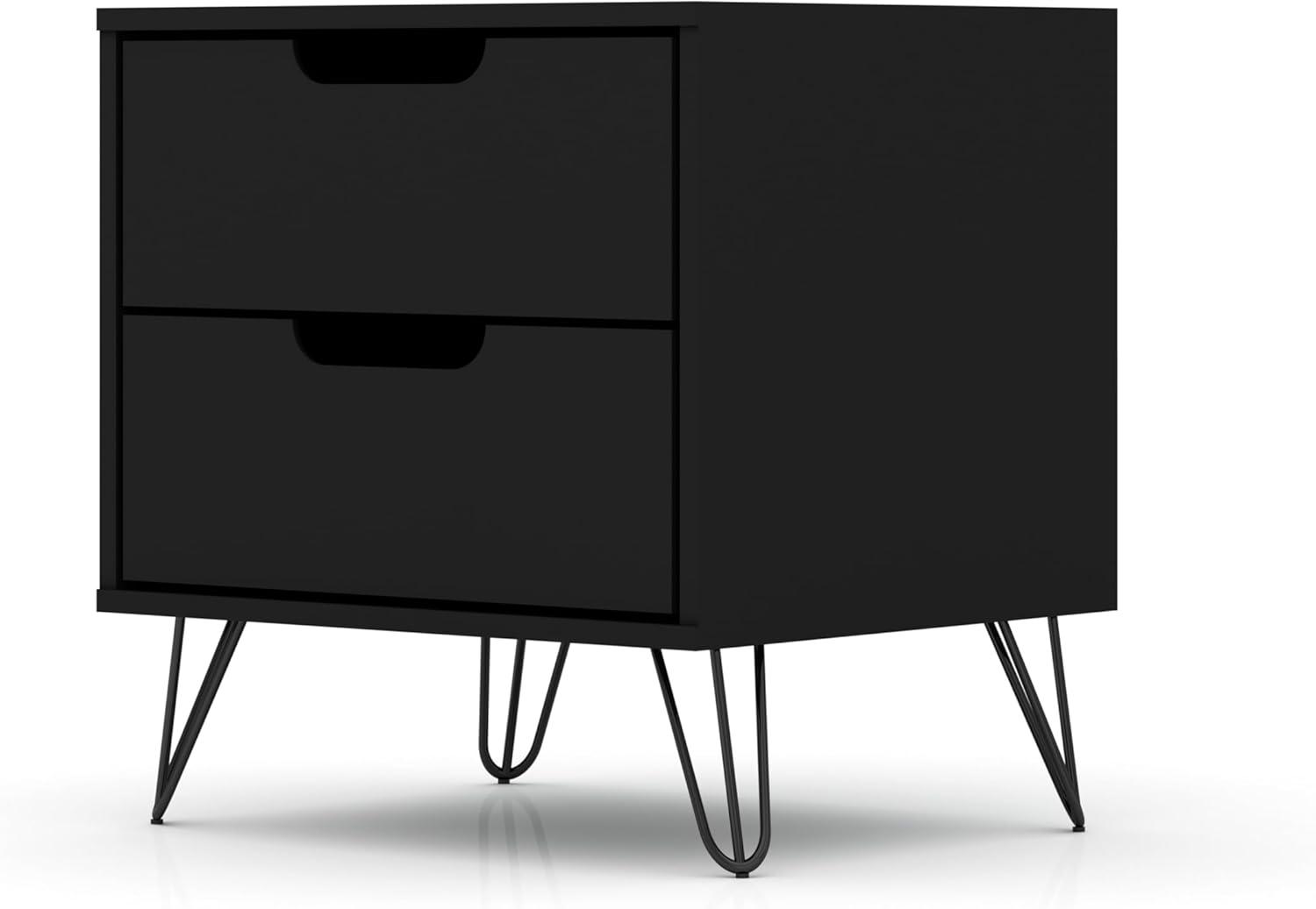 2.0 Rockefeller Nightstand Black - Manhattan Comfort: Modern Bedside Table with Metal Legs & Storage