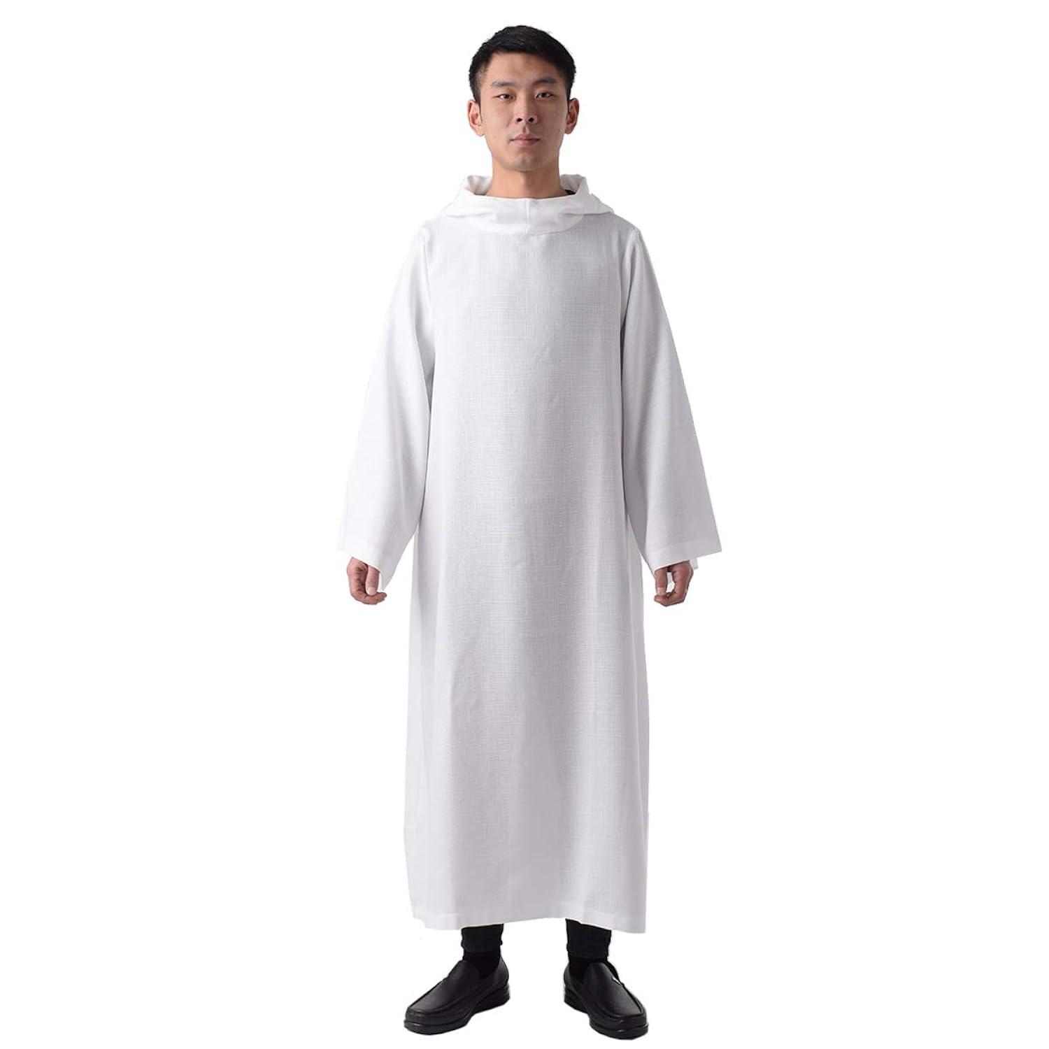 BLESSUME Priest Clergy Alb Pleats Front Wrap Alb Vestments with Cowl Hat
