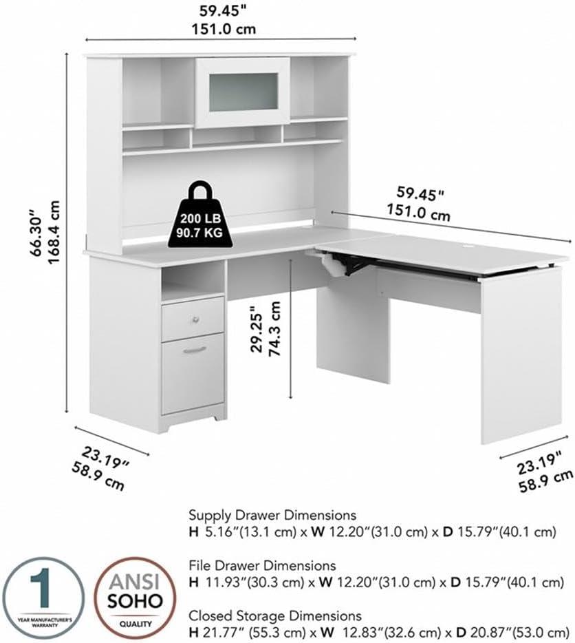 Cabot 60W Sit to Stand L Desk with Hutch in White - Engineered Wood