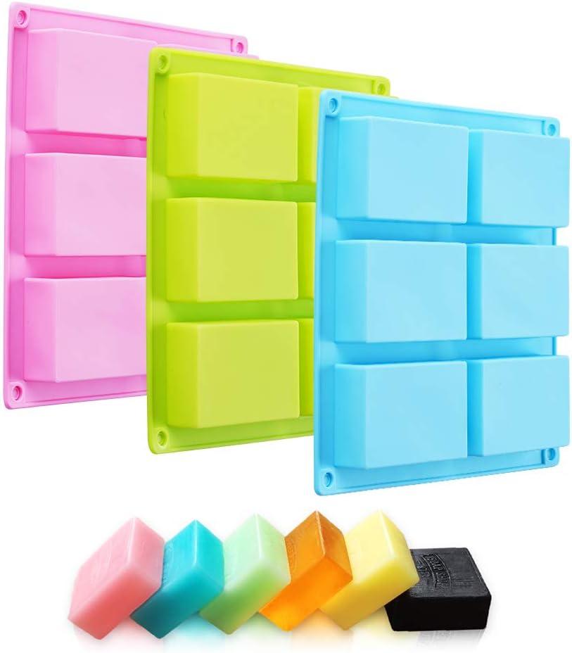 3 Pack Silicone Soap Molds, 6 Cavities Rectangle Silicone Soap Molds, Great for Homemade Craft Soap Mold, Chocolate Mold, Cake Mold ＆ Ice Cube Tray - Just Pop Out（Pink & Blue & Purple）