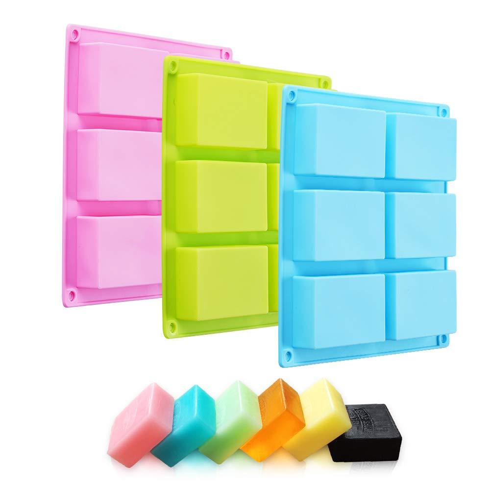 3 Pack Silicone Soap Molds, 6 Cavities Rectangle Silicone Soap Molds, Great for Homemade Craft Soap Mold, Chocolate Mold, Cake Mold & Ice Cube Tray - Just Pop Out(Pink & Blue & Purple)