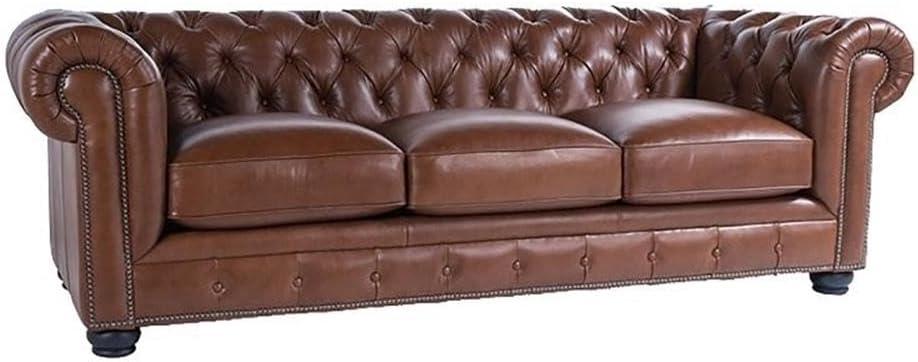 Bowery Hill 95"W Traditional Leather Tufted Back Chesterfield Sofa in Chestnut