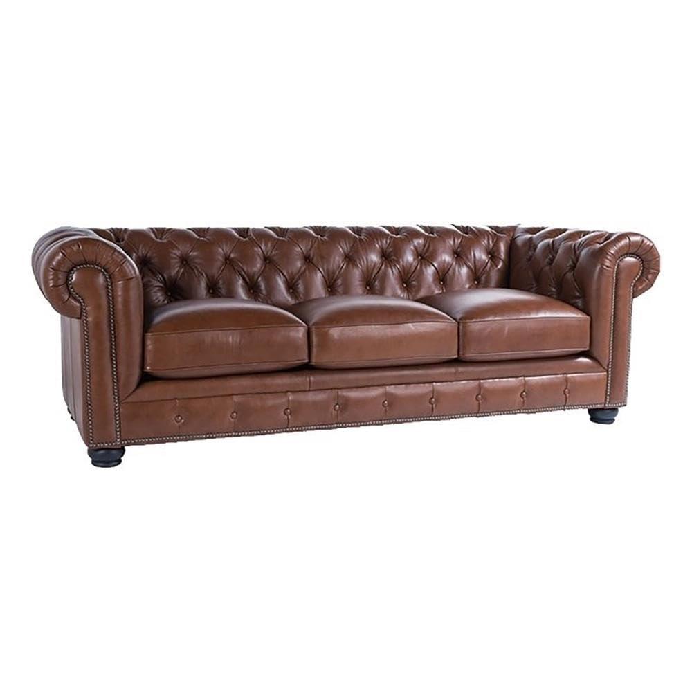 Bowery Hill 95"W Traditional Leather Tufted Back Chesterfield Sofa in Chestnut