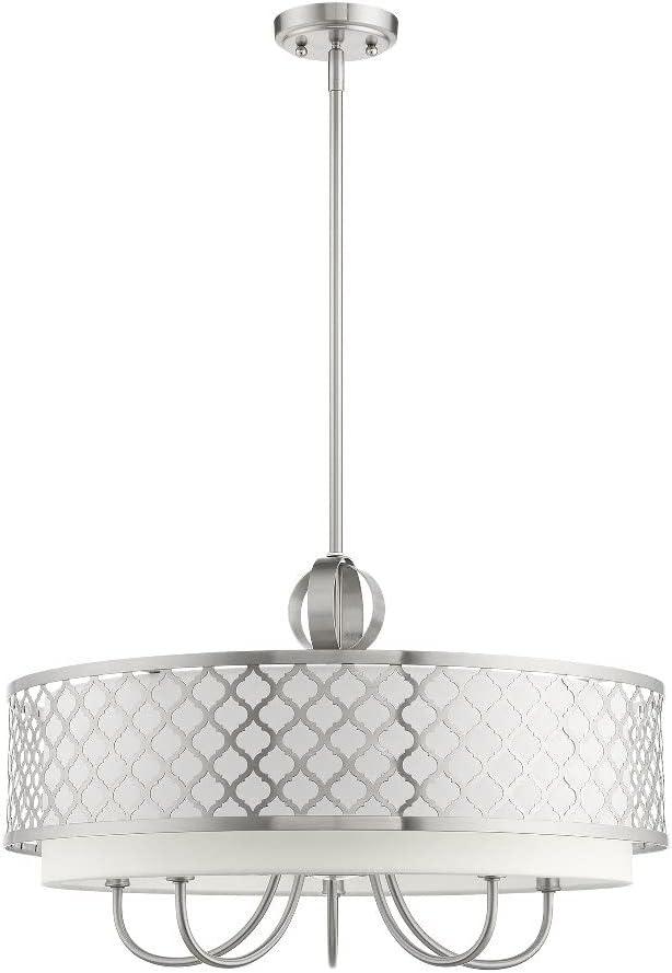 Brushed Nickel 6-Light Drum Chandelier with Off-White Shade